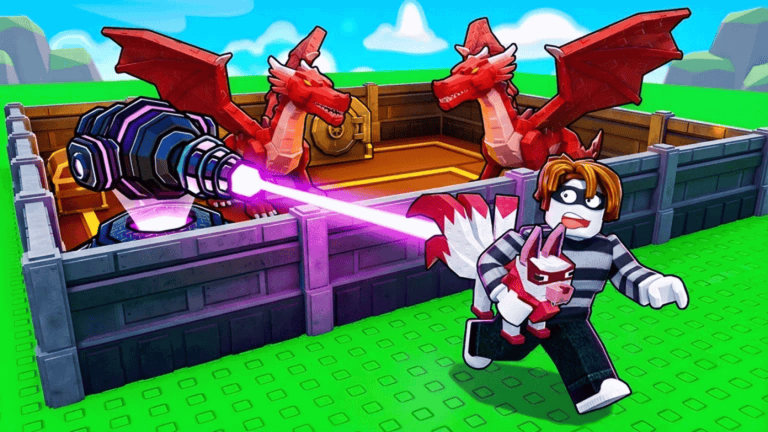 Official promotional artwork showing a player carrying a red dragon pet past a defended base