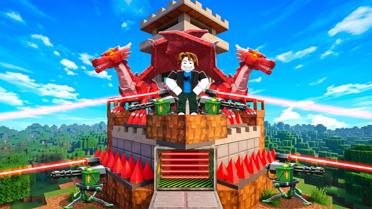 Official Build a Base and Steal promotional artwork showing a fortified base with red dragons and laser defenses